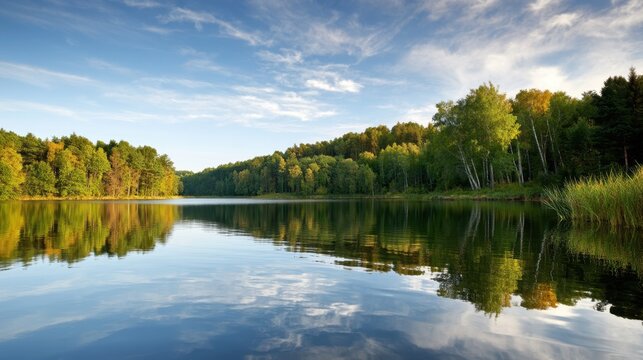 Mixed forest lining serene lake with gentle rippled reflections