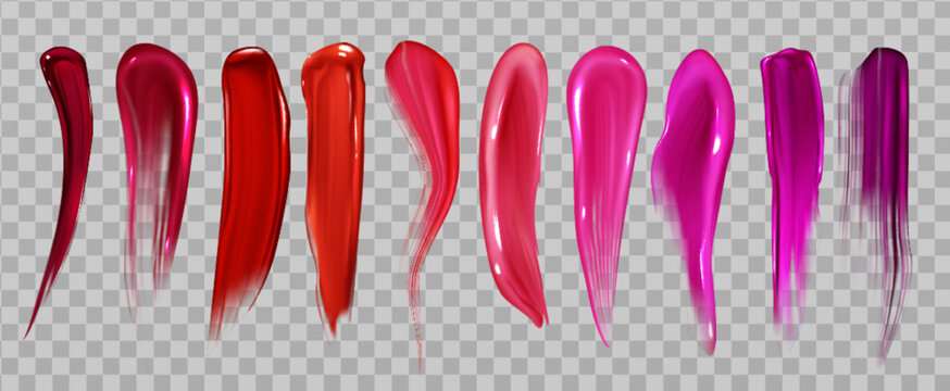 Lipstick smear and swatch collection with creamy texture and brush strokes. Makeup gloss in red and pink shades with stunning cosmetic paint effects on transparent background for beauty products.