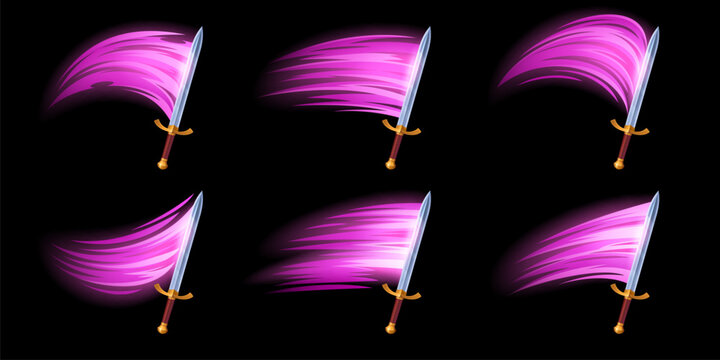 Sword slash effect with dynamic sword trail animation for game UI. Cartoon blade attack with pink lightning flash and magic power impact. Vector fx punch and cut motion for battle storyboard asset.