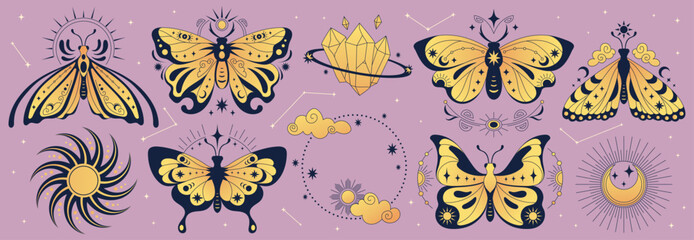 Obraz premium Moon and butterfly mystic celestial design with boho magic elements. Vector tattoo line art with sun and stars, tarot symbols and astrology motifs. Witchy esoteric with crescent moon illustration.