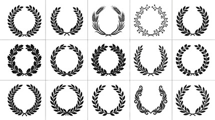 Collection of 15 black laurel wreath vector icons for awards, achievement, and victory symbols. Set includes various leaf styles like oak, wheat, and olive for heraldry and luxury branding. © Ayong