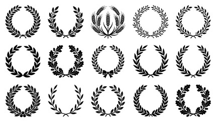 Large set of 15 black laurel wreath silhouettes, oak leaf circles, wheat stems, and award symbols isolated on a white background for logos, medals, certificates, and heraldic designs. © Ayong