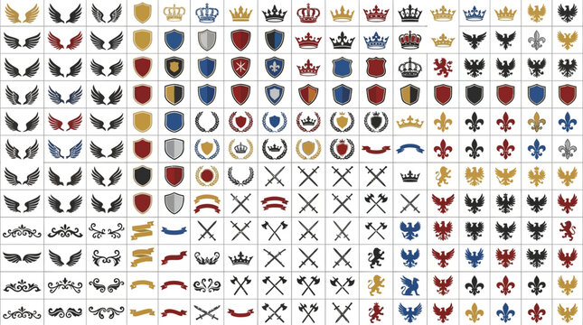 A comprehensive collection of heraldic symbols featuring crowns, shields, wings, eagles, lions, fleur-de-lis, crossed swords, axes, ribbons, and floral ornaments for emblem and logo design.