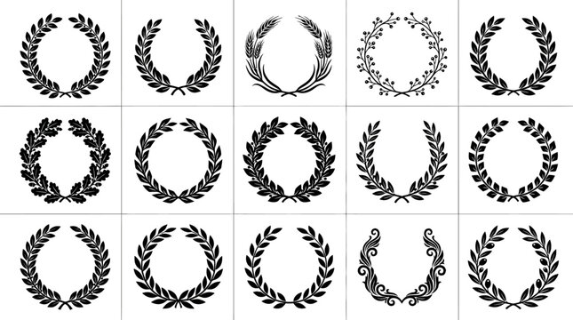 Collection of 15 black laurel wreath vector icons for awards, achievement, and victory symbols. Set includes various leaf styles like oak, wheat, and olive for heraldry and luxury branding.