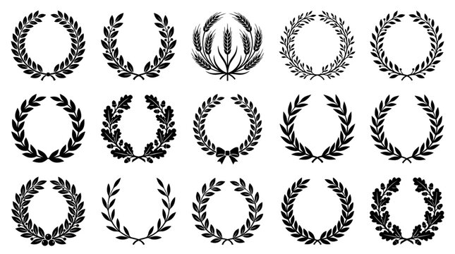 Large set of 15 black laurel wreath silhouettes, oak leaf circles, wheat stems, and award symbols isolated on a white background for logos, medals, certificates, and heraldic designs.