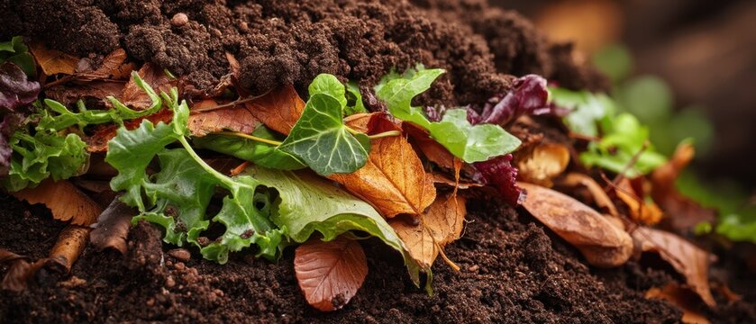 Green and brown leaves decomposing on rich garden soil
