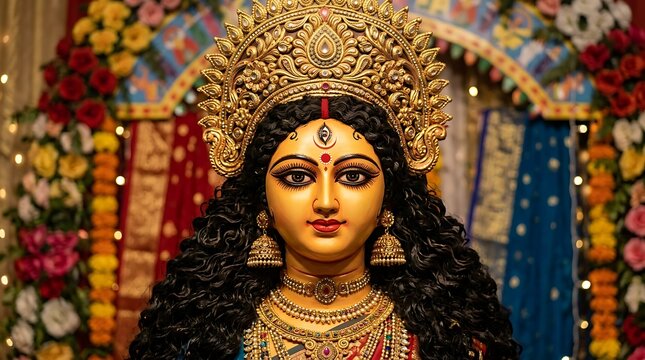 Close up of goddess durga idol during vibrant durga puja celebrations in india