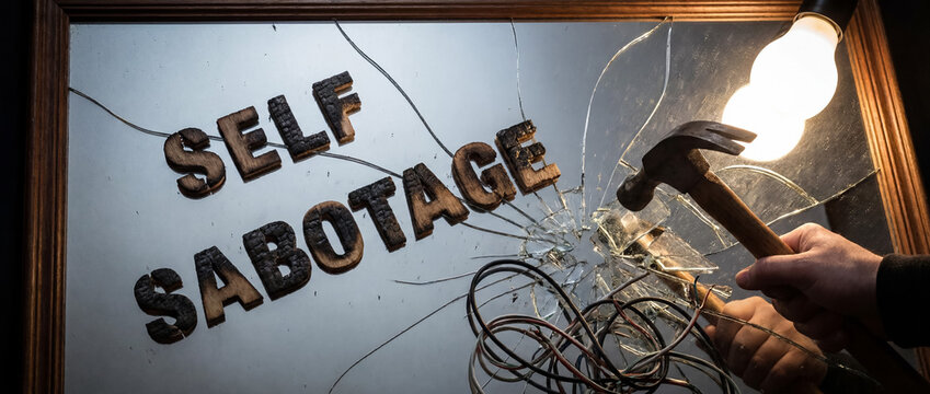 Words self sabotage formed with burnt wooden letters on a broken mirror, a hand holding a hammer destroying the glass