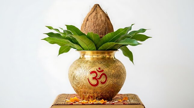 Durga puja kalash traditional brass pot with coconut and mango leaves