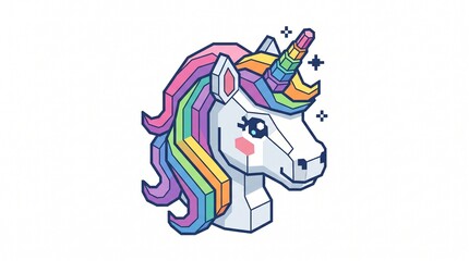 A geometric low-poly unicorn head with a white face, rainbow horn and mane in pink, purple, blue, green, yellow. Rosy cheek and sparkles. © Unang