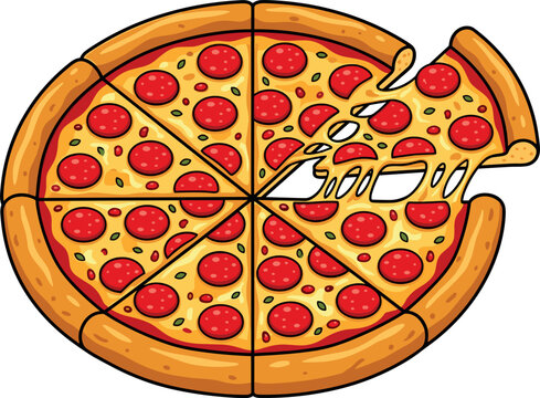 Delicious Whole Pepperoni Pizza Vector Illustration Featuring a Separated Sliced Cut with Melting Gooey Cheese Strings for Italian Pizzeria Restaurant Menus