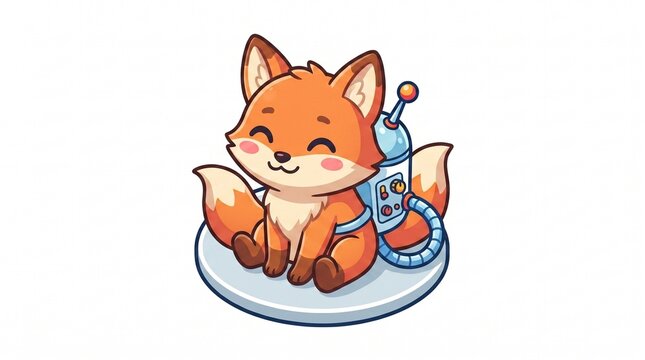 A cute orange cartoon fox with rosy cheeks sits smiling on a gray platform. It wears a small blue jetpack with tubes and buttons, and its fluffy tail curls behind it.