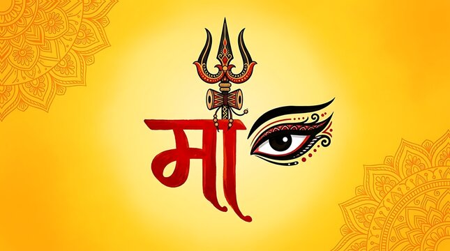 Durga puja illustration maa durga eye and trishul on yellow background