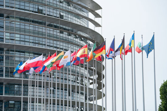 European Parliament building in Strasbourg city, France, legislative council body of EU, flags of european union countries, politics, administration and economy