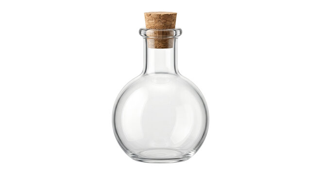 Empty round glass bottle with a cork stopper
