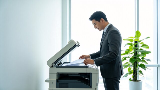Businessman using office printer