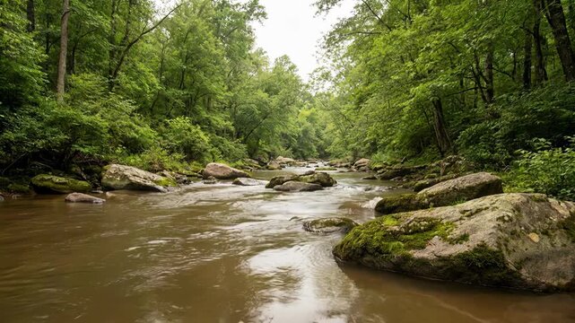 Lush green forest river flowing over mossy rocks serene natural landscape tranquil wilderness stream gentle water movement peaceful