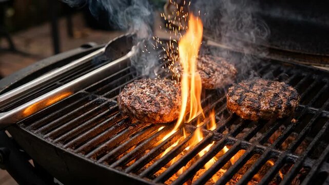 Juicy beef burgers sizzling on a hot grill with flames and smoke cooking outdoors for a summer barbecue party delicious food preparation