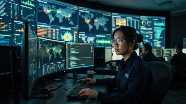 Asian female analyst monitoring cybersecurity dashboard in dark control room, focused operator tracking global data map, network threat chart, code, screen