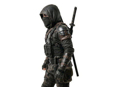 Mysterious futuristic warrior dressed in tactical black leather armor with a sharp katana strapped to his back stands ready for battle against a clean white background in this high quality studio port