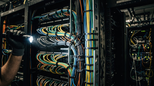 Cable lacing zip tie management network rack server wiring data center technician securing organized patch cable with bright light in dark cabinet