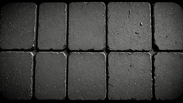Close-up texture of dark gray paving stones with rough edges and subtle speckles