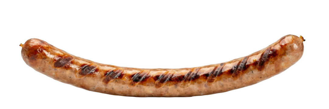 A single grilled pork sausage with distinct dark brown char marks from the grill, shown in a horizontal position against a plain white background