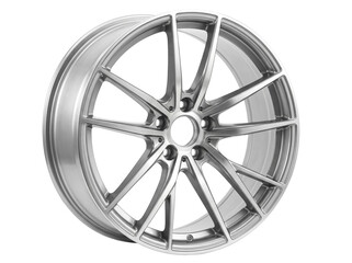 Obraz premium Shiny silver automotive alloy wheel with a complex multi spoke design featuring a polished metallic finish captured in a clean studio environment on a pure white background for high performance modern