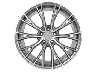 Obraz premium Modern metallic silver automotive alloy wheel rim featuring a complex multi spoke design isolated on a clean white background for high performance vehicle styling and professional automotive engineeri