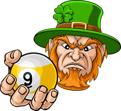 Leprechaun nine ball pool billiards sports mascot holding a 9 ball cartoon illustration