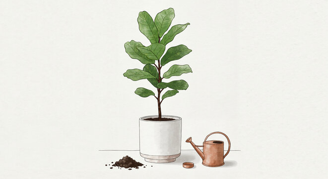 Potted plant with watering can and soil on neutral background  