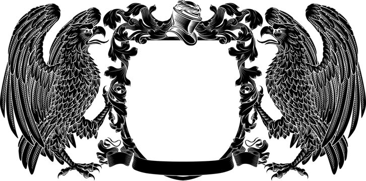 Eagles coat of arms or crest family heraldry medieval heraldic knight shield with helmet and acanthus filigree scroll ornament in a vintage woodcut style.
