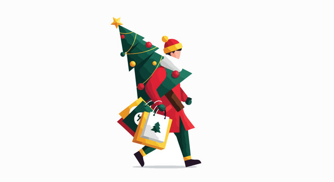 A cartoon elf carrying a Christmas tree and a wrapped gift in a playful, festive scene with bright colors.