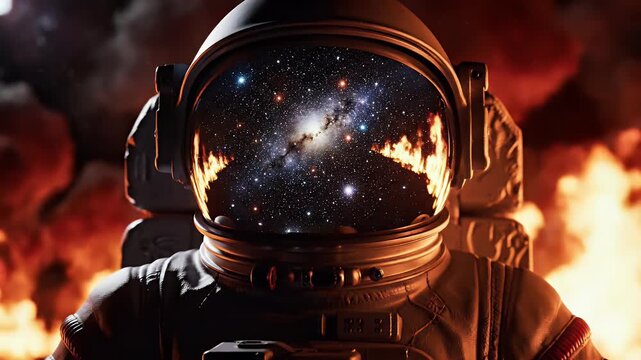 Astronaut reflecting a galaxy and flames, hinting at a fiery cosmic journey