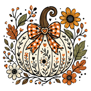Creamy autumn pumpkin with black star bow surrounded by foliage and flowers for fall harvest celebration