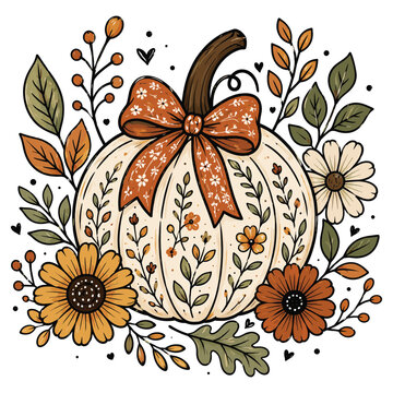 Creamy autumn pumpkin with black star bow surrounded by foliage and flowers for fall harvest celebration