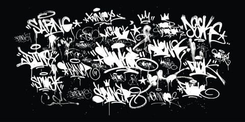 White graffiti tags and street art elements on a black background © md