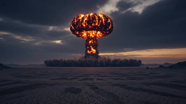 A massive explosion occurs in a desolate landscape.