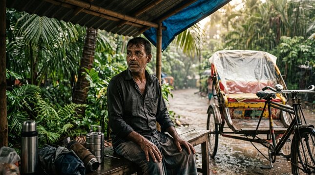 Pensive South Asian Rickshaw Driver Sheltering from Heavy Monsoon Rain.