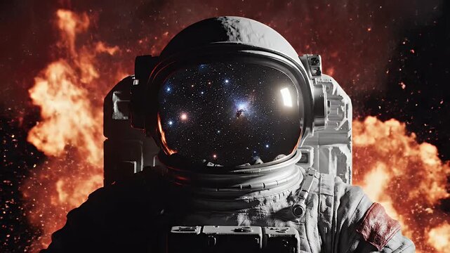 Astronaut reflected in helmet visor shows starry space amidst fiery orange nebula and smoke