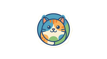 Fototapeta premium Cute cartoon cat face logo, playful animal illustration with blue and orange colors, vector graphic