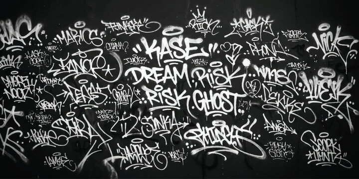 Black and white graffiti tags wall art with various street art lettering styles