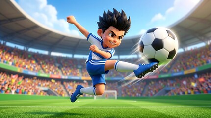 Naklejka premium Young Soccer Star Kicking Ball In Stadium Action