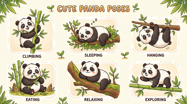 Cute Panda Faces Illustration with Bamboo and Sleeping Positions in Flat Cartoon Style