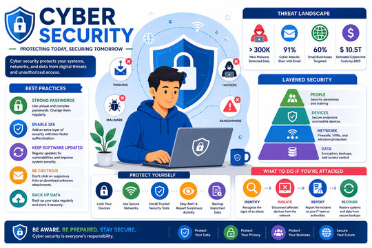 Cyber security infographic showing best practices and threat landscape for digital protection and data safety.