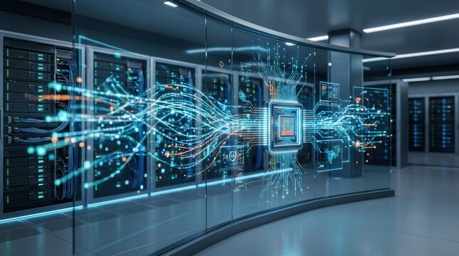 Futuristic server room with glowing circuit board overlay and data flow lines, high tech data center infrastructure for cloud computing and AI processing