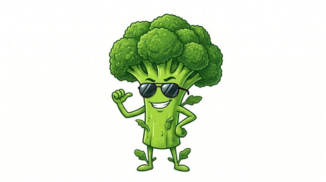 Cool broccoli cartoon character wearing sunglasses, funny green vegetable mascot illustration, healthy food personification for kids nutrition isolated PNG with Transparent Background