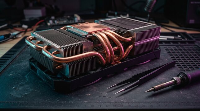 Powerful CPU heatsink with copper heat pipes and professional electronics repair tools.