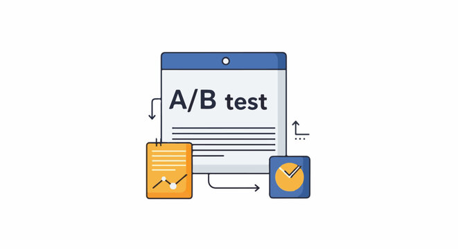 An infographic illustrating the A/B testing process with a browser window, graph, and checklist