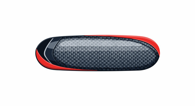 A sleek, oval-shaped object with a carbon fiber pattern and red accents on a white background